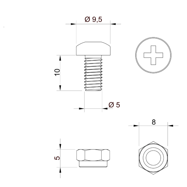 Pièces de liaison M5 x 10 mm avec écrou autobloquant